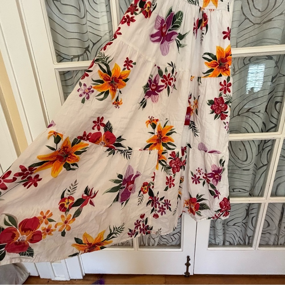 eShakti white tropical floral sleeveless tiered maxi dress size S 4 - Picture 2 of 14